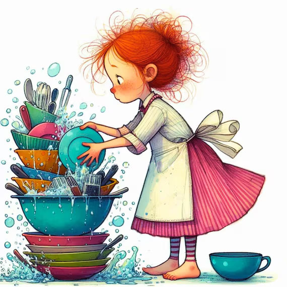 Red head cartoon girl in a pink dress and white apron washing colorful dishes